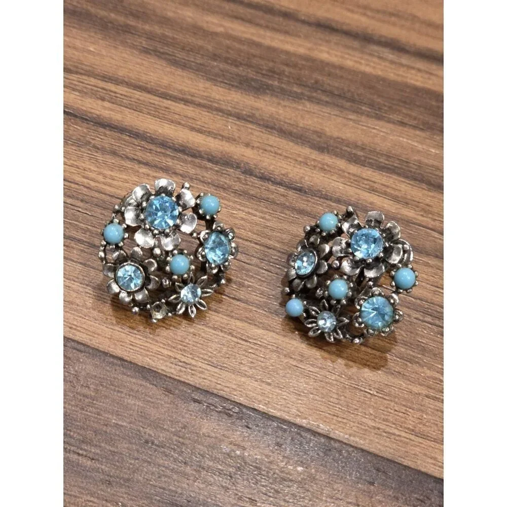 Vtg Lisner Earrings Signed Screw Back Blue Rhinestone Faux Pearl As Is